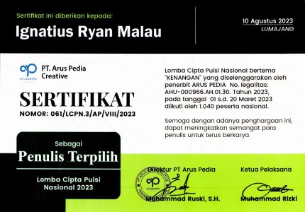 Sertifikat Penulis Terpilih - Ryan Malau